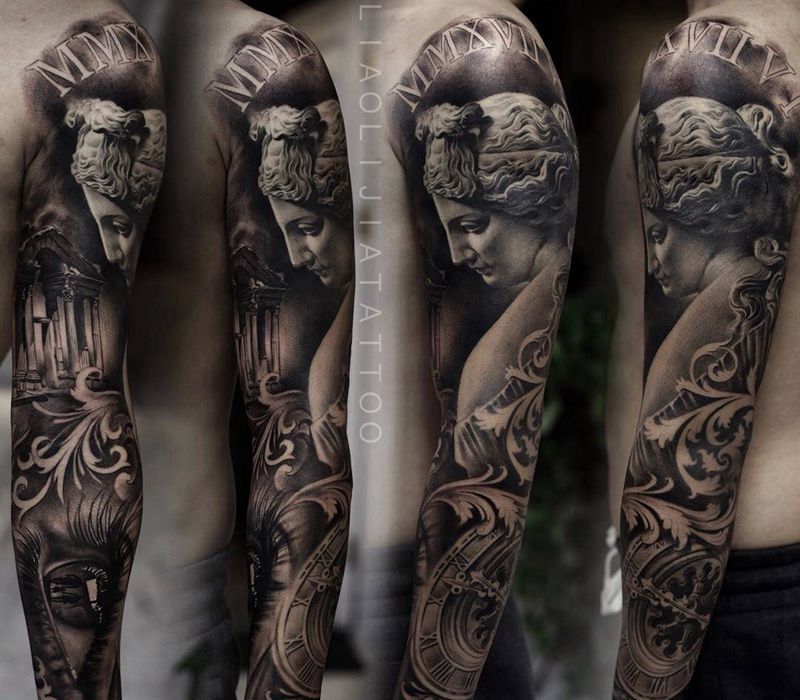 花臂作品纹身图片_成品写实原创欧美手臂人物纹身图案