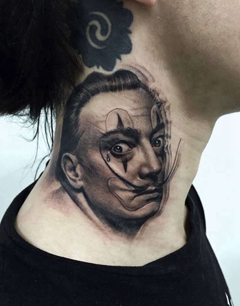 达利纹身图片_成品写实原创人物颈部纹身图案