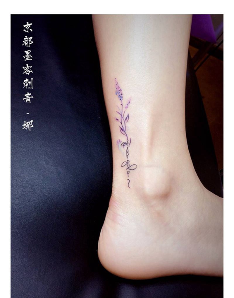薰衣草纹身纹身图片_原创植物写实清新手部成品手稿腿部纹身图案