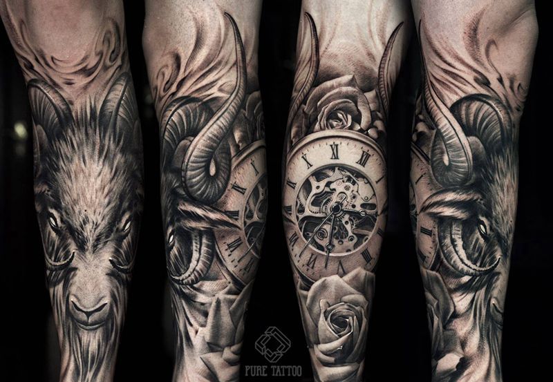 撒旦包腿纹身图片_腿部欧美写实羊头撒旦钟表纹身图案