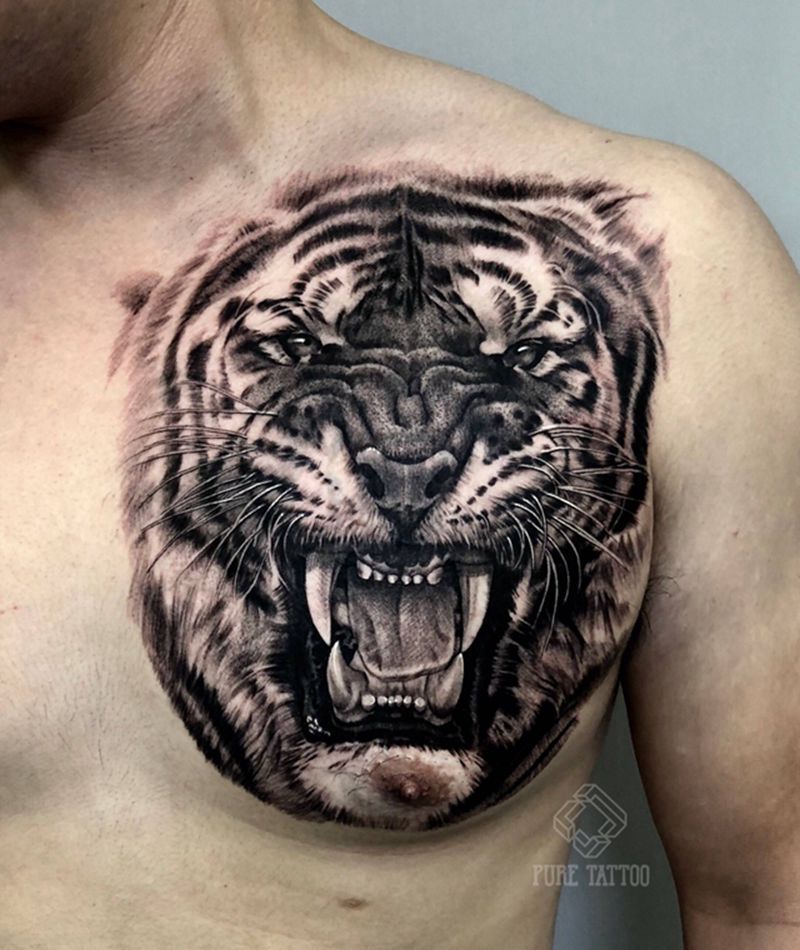 写实老虎纹身图片_胸部欧美写实老虎纹身图案