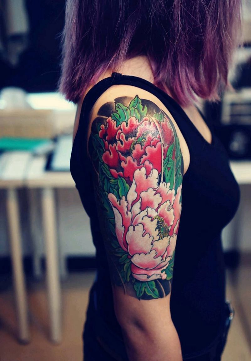 牡丹纹身图片_传统清新植物原创成品纹身图案