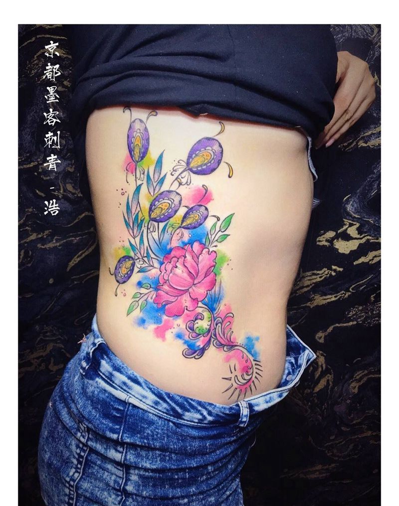 京都墨客刺青纹身图片_原创植物成品手稿腰部清新传统纹身图案