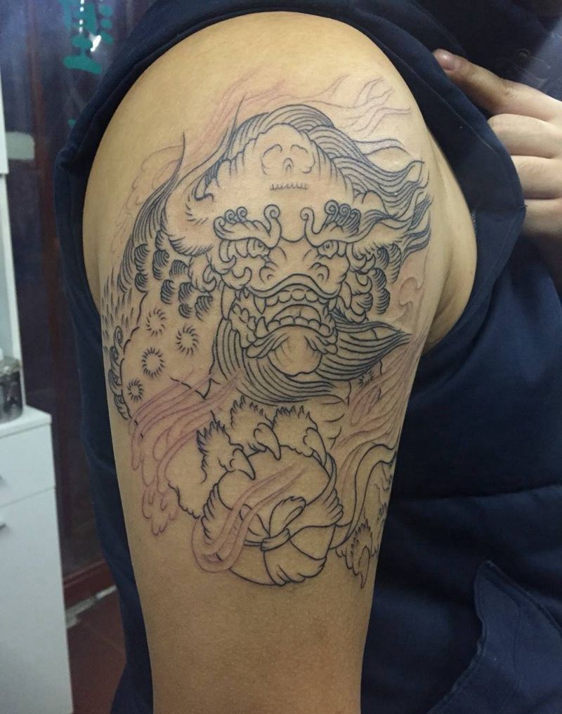 唐狮子纹身图片_手稿手臂传统动物宗教鬼神情侣纹身图案