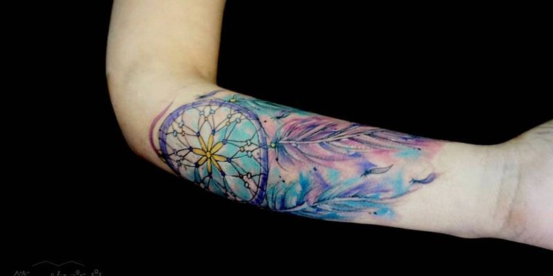 捕梦网纹身图片_腰部背部手臂腿部欧美原创水彩捕梦网成品纹身图案
