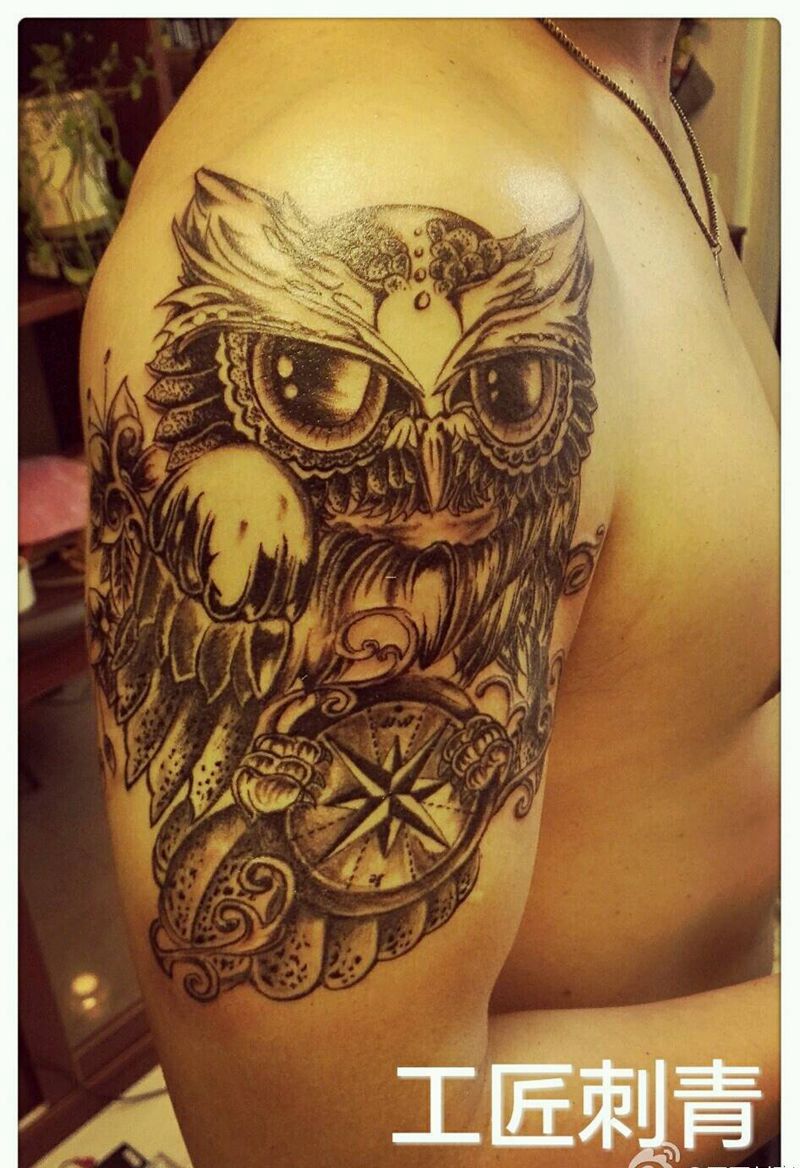 猫头鹰纹身图片_手臂欧美原创手稿纹身图案
