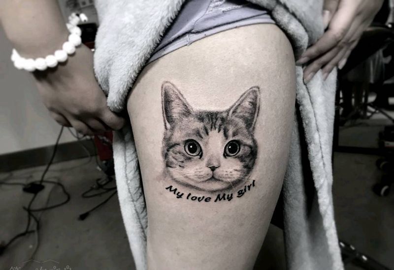 猫咪纹身图片_腰部手臂腿部欧美写实动物猫成品纹身图案