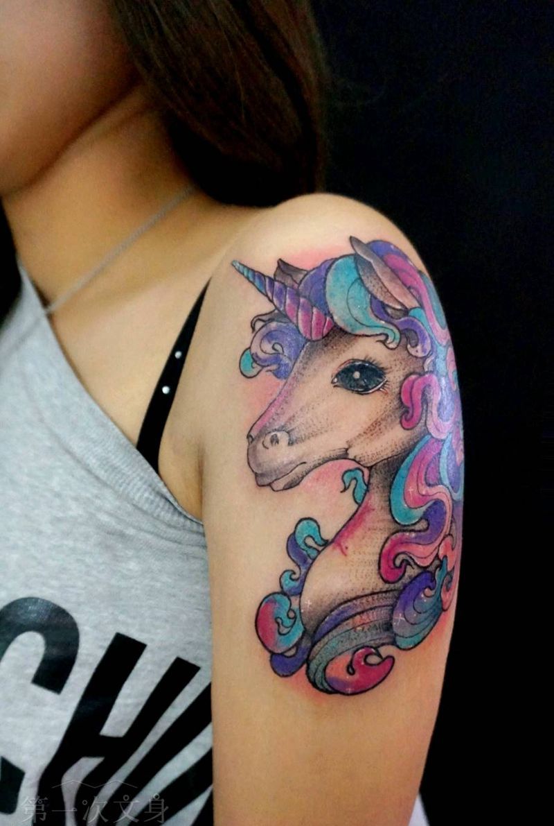 彩色独角兽纹身图片_腰部背部手臂腿部欧美清新动物原创独角兽成品纹身图案