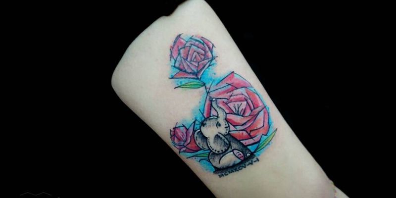 遮盖小象纹身图片_腿部清新动物成品纹身图案