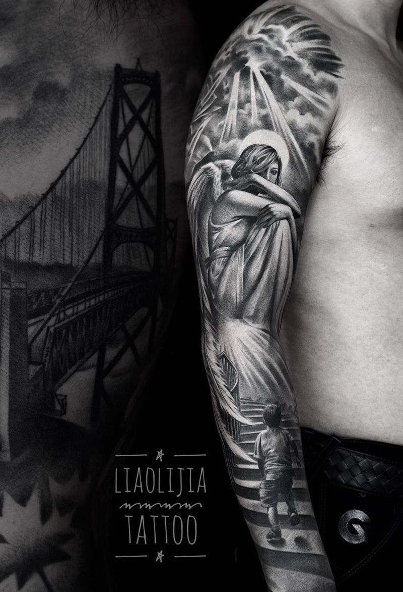 花臂纹身图片_成品写实原创人物欧美手臂纹身图案