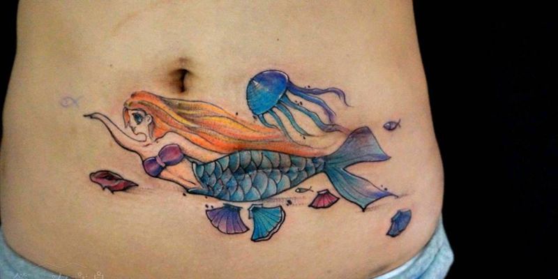 术后伤疤遮盖纹身图片_腰部背部手臂腿部欧美清新美人鱼成品纹身图案