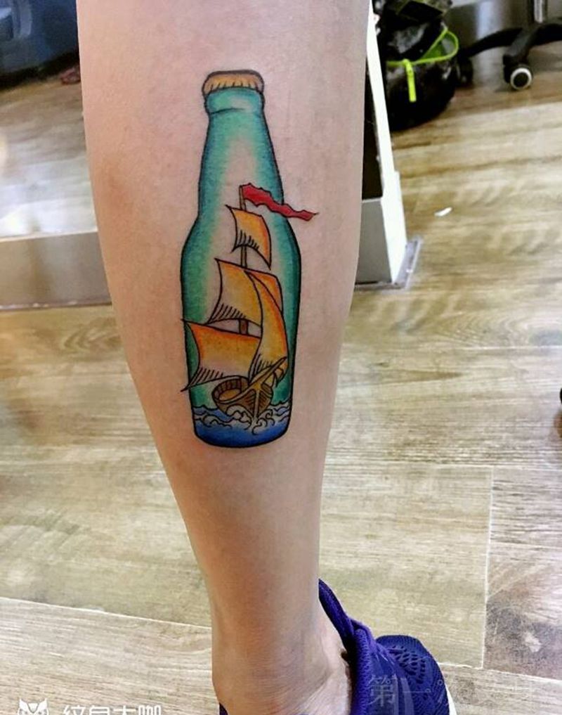 瓶子里的帆船纹身图片_手臂腿部欧美清新静物成品纹身图案