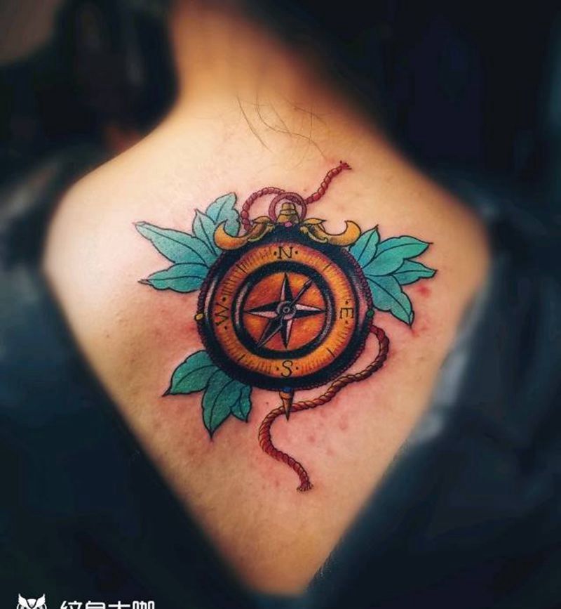 oldschool指南针纹身图片_背部欧美清新字符静物原创成品纹身图案