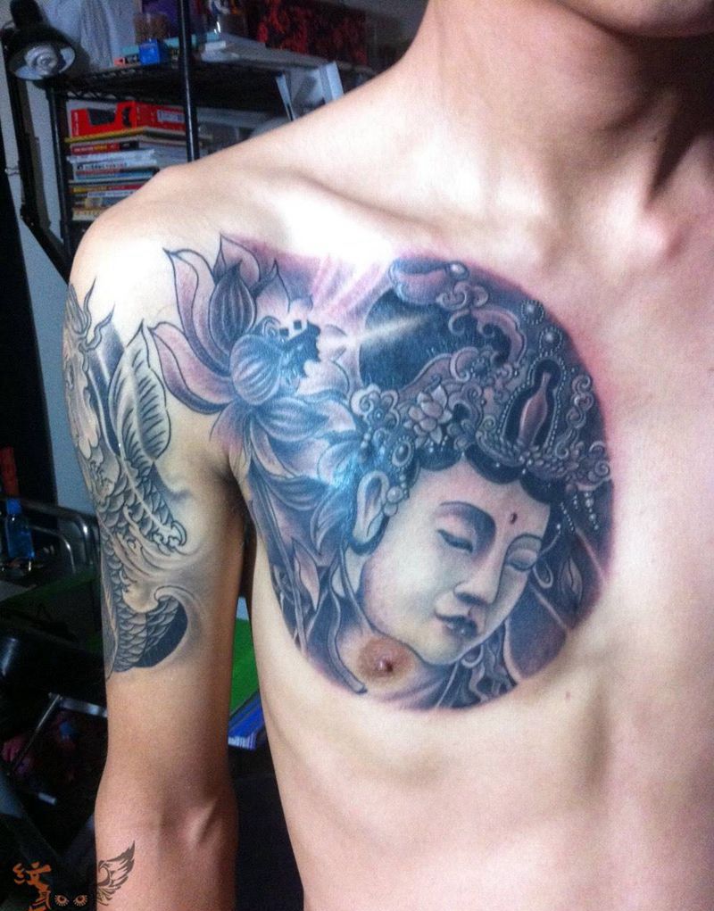 观音纹身图片_肖像写实清新欧美习俗传统鬼神宗教胸部几何纹身图案