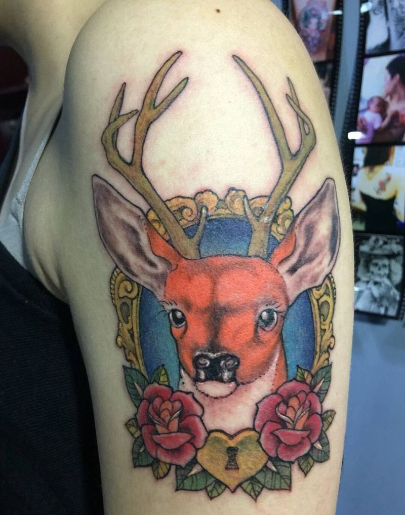 鹿纹身图片_成品鹿手臂写实纹身图案