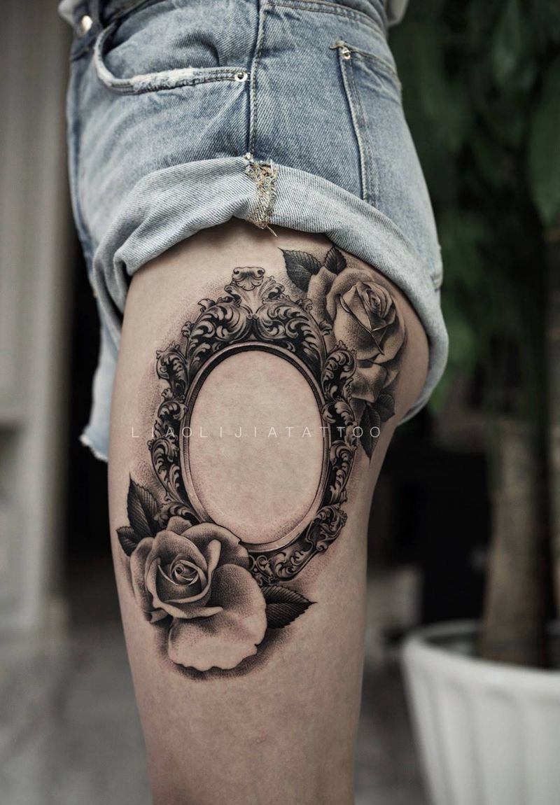 复古镜子纹身图片_成品写实原创腿部纹身图案
