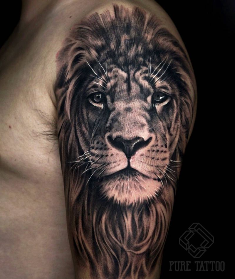 狮子纹身图片_手臂欧美写实狮子素描纹身图案