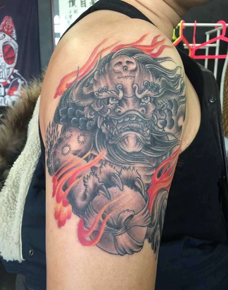 唐狮子纹身图片_手稿颈部肩部手臂欧美传统鬼神宗教动物原创纹身图案