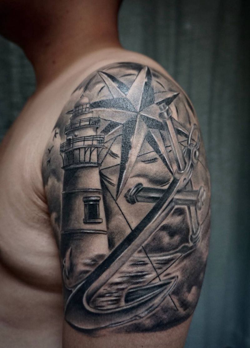 船锚纹身图片_肩部手臂欧美写实纹身图案