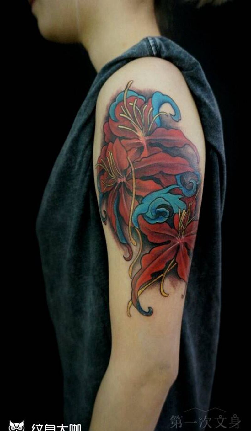 曼珠沙华纹身图片_背部手臂腿部欧美静物原创成品纹身图案