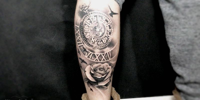 钟表玫瑰纹身图片_腰部背部手臂腿部欧美写实钟表成品纹身图案