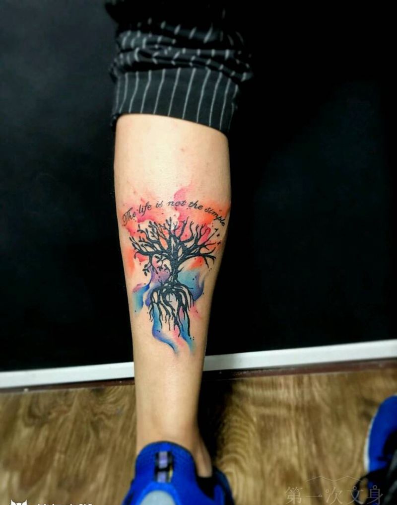 水彩树纹身图片_背部手臂腿部欧美清新植物成品纹身图案