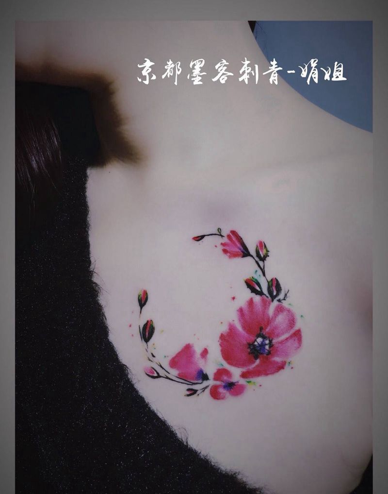 京都墨客刺青-娟姐纹身图片_植物成品胸部清新纹身图案