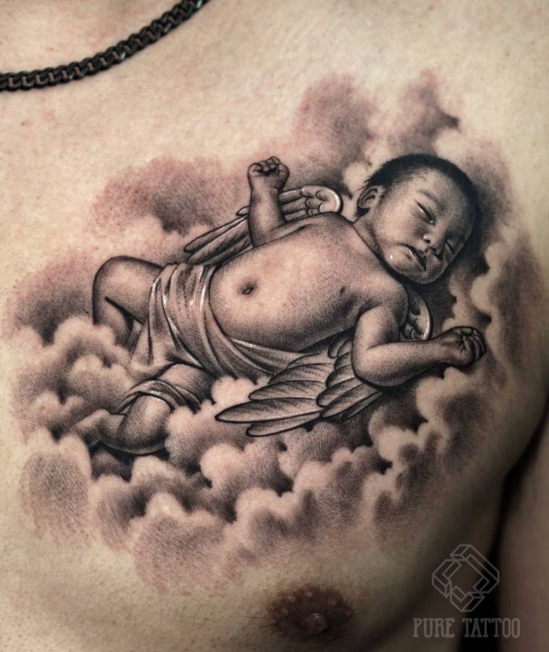 父母的小天使纹身图片_胸部欧美写实肖像写实黑灰纹身图案