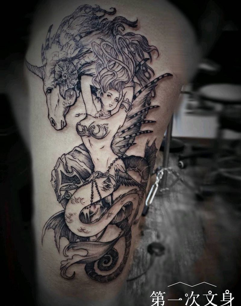 人鱼纹身图片_腿部欧美写实纹身图案