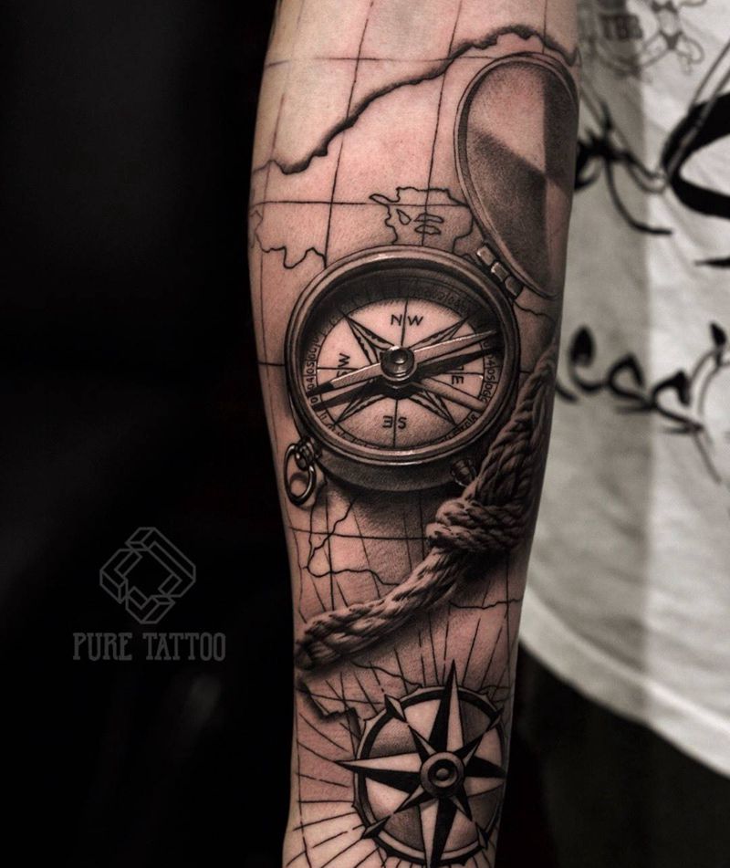 指南针与地图纹身图片_手臂欧美写实指南针纹身图案