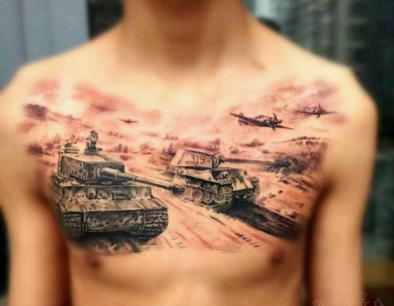 战争纹身图片_胸部欧美静物成品纹身图案