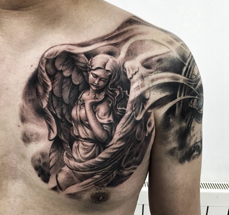 半甲纹身图片_成品肩部写实肖像欧美原创人物宗教纹身图案