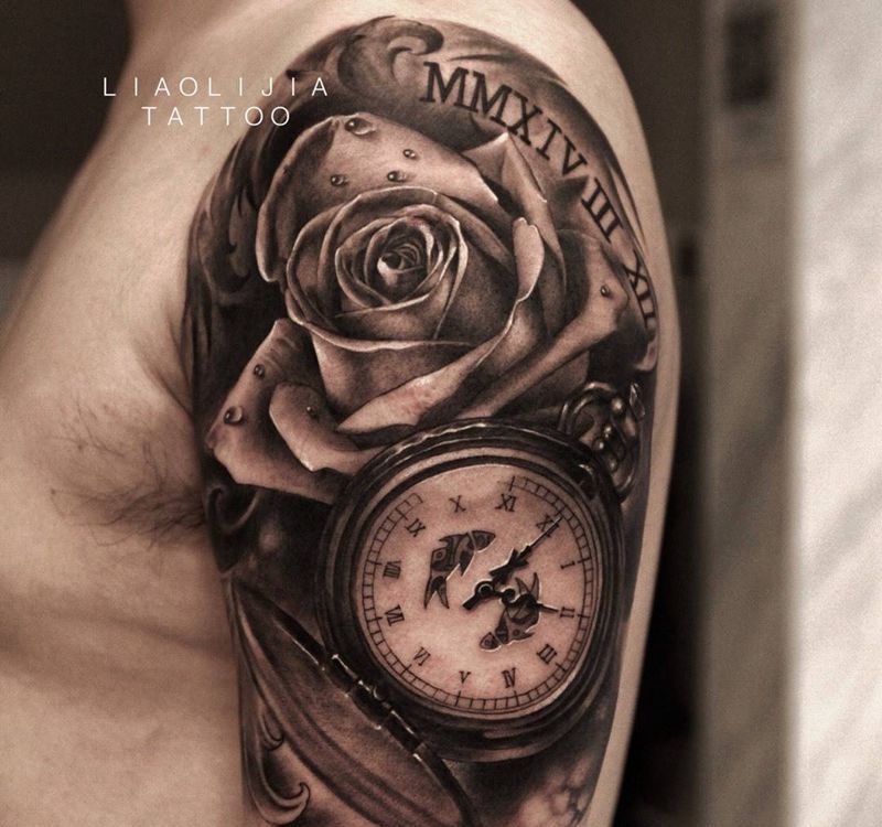 玫瑰 钟表纹身图片_欧美写实成品手臂原创纹身图案