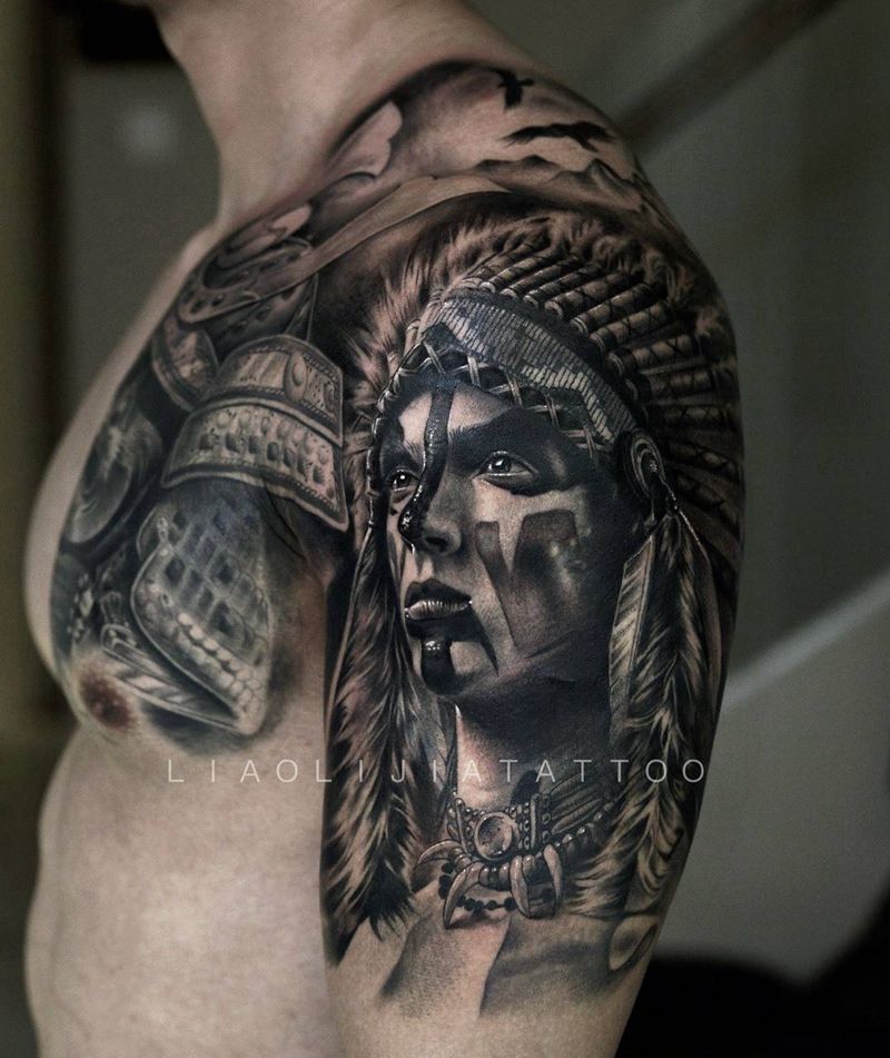印第安与武士纹身图片_成品欧美写实人物纹身图案