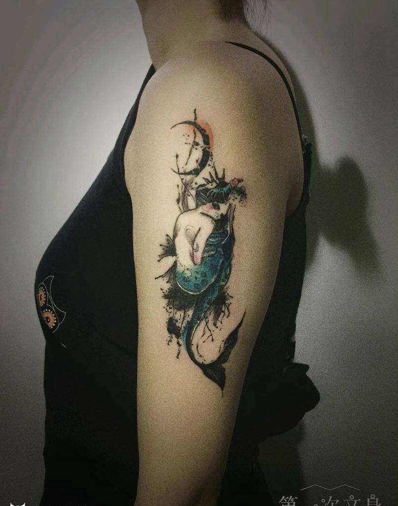 美人鱼纹身图片_手臂水彩纹身图案