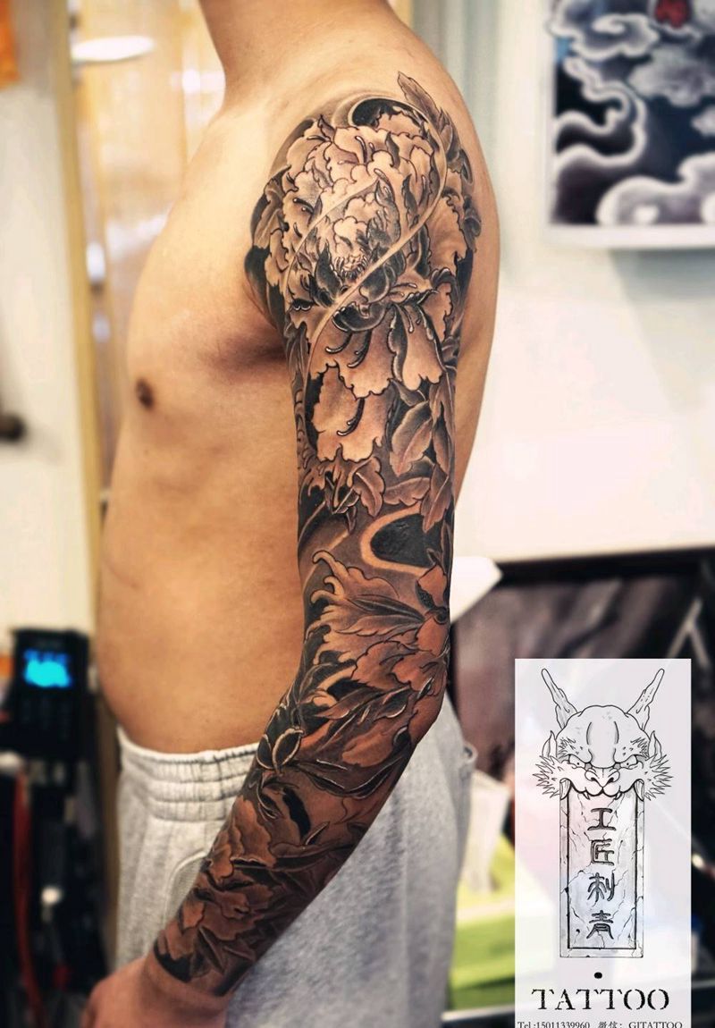 牡丹花臂纹身图片_手臂传统植物原创成品纹身图案