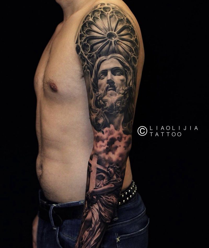 耶稣花臂纹身图片_成品手臂欧美写实肖像原创人物纹身图案