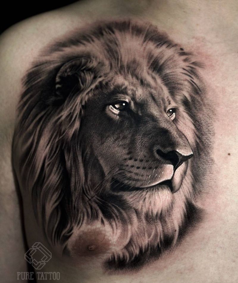 狮子。纹身图片_胸部欧美写实狮子纹身图案