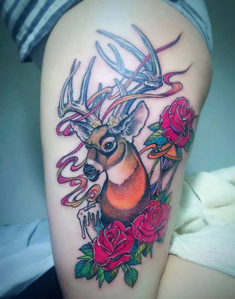 京都墨客刺青--徐老师纹身图片_原创成品手稿腿部欧美动物鹿纹身图案