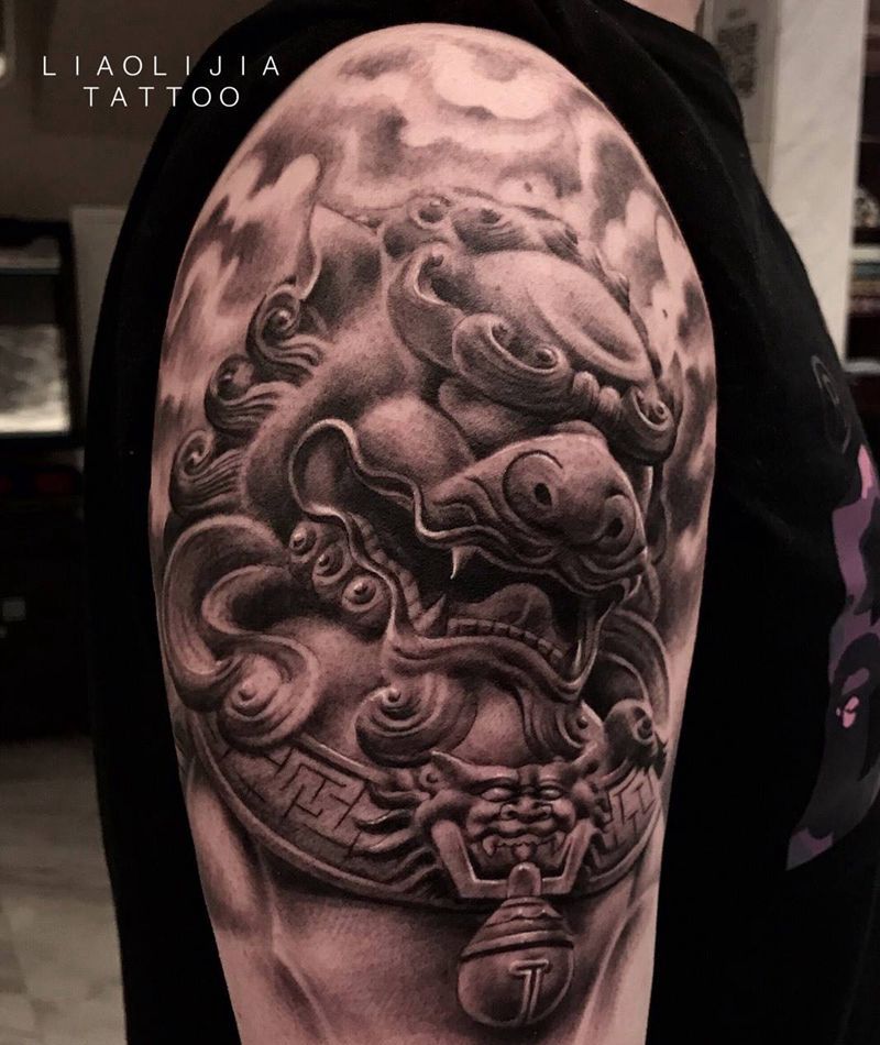石狮纹身图片_成品手臂欧美写实原创传统纹身图案
