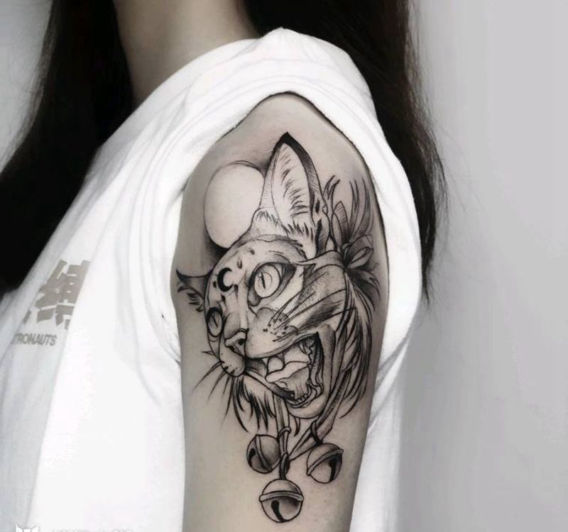 猫纹身图片_手臂暗黑纹身图案