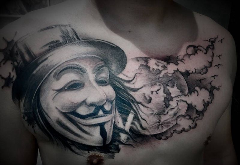 V字仇杀纹身图片_胸部新传统纹身图案