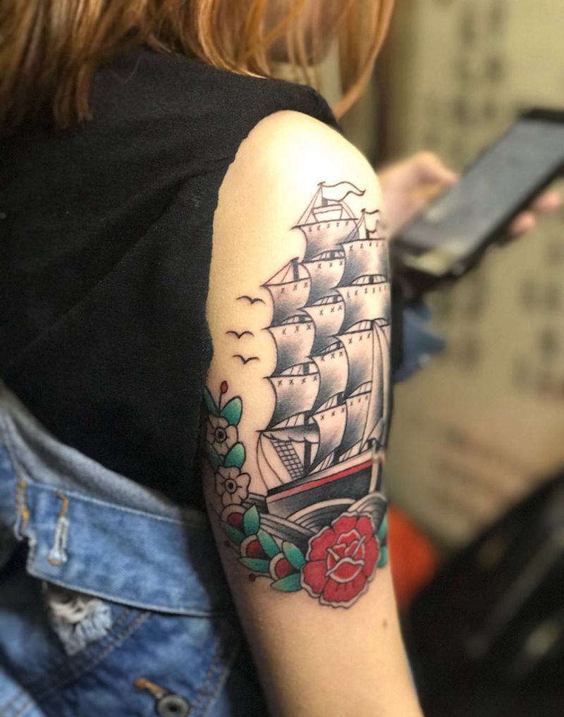 帆船纹身图片_腹部胸部肩部手稿插画欧美写实动物原创字符纹身图案
