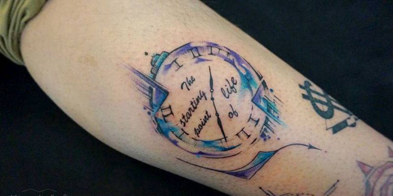 诞生之时纹身图片_腰部背部手臂腿部欧美几何原创时钟水彩成品纹身图案