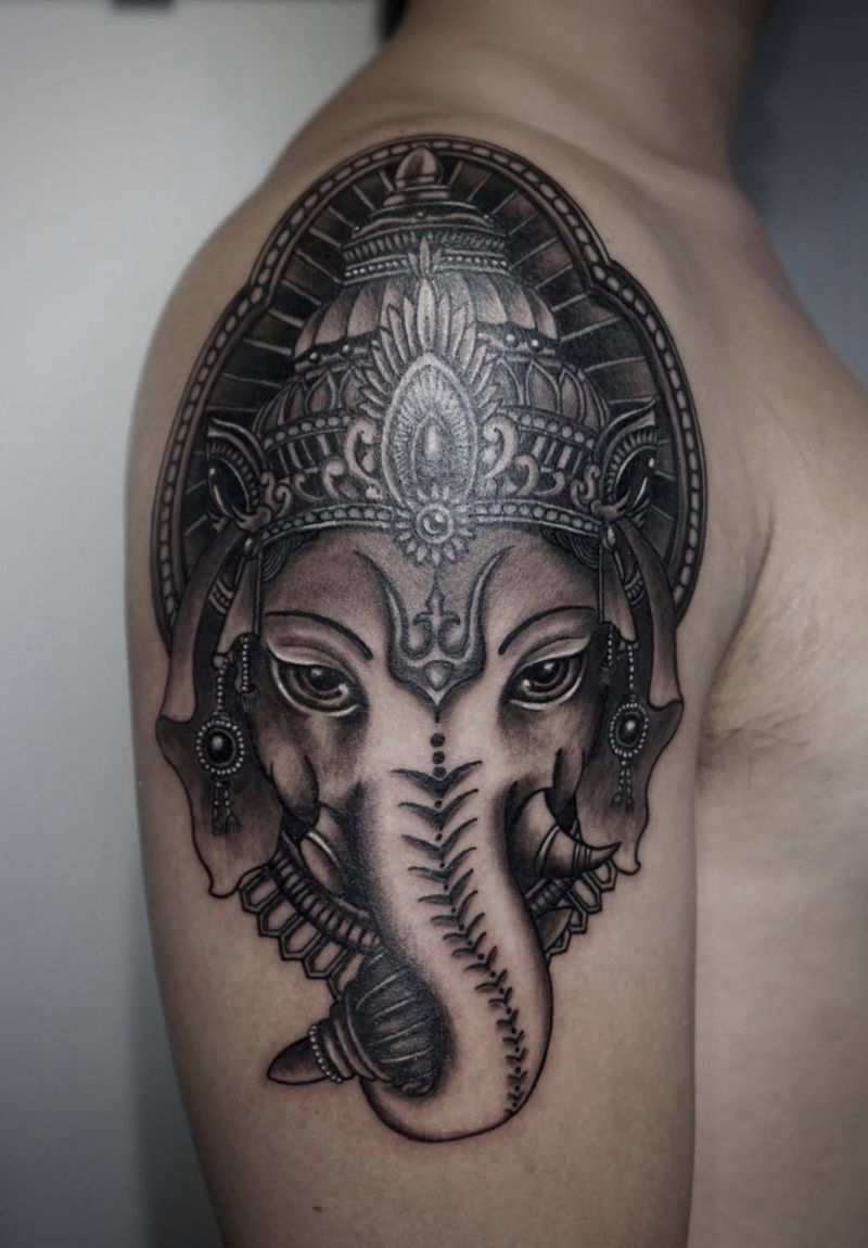 象神纹身图片_肩部手臂新传统象神纹身图案