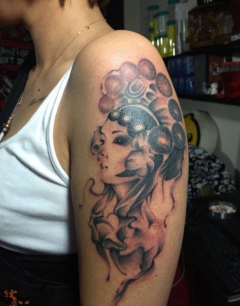 花旦纹身图片_肖像清新传统欧美写实人物宗教肩部手臂背部纹身图案