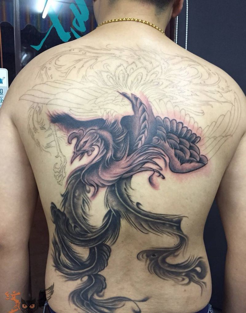 凤凰纹身图片_成品手稿插画背部臀部传统欧美鬼神宗教动物纹身图案