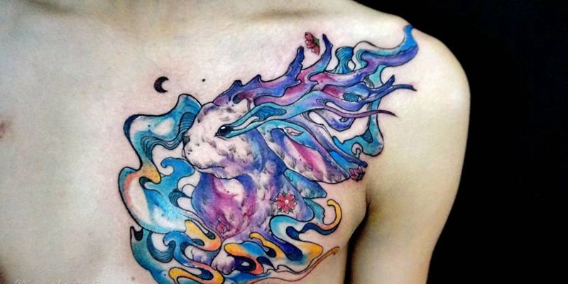 朦兔纹身图片_胸部腰部背部手臂腿部动物原创水彩兔成品纹身图案