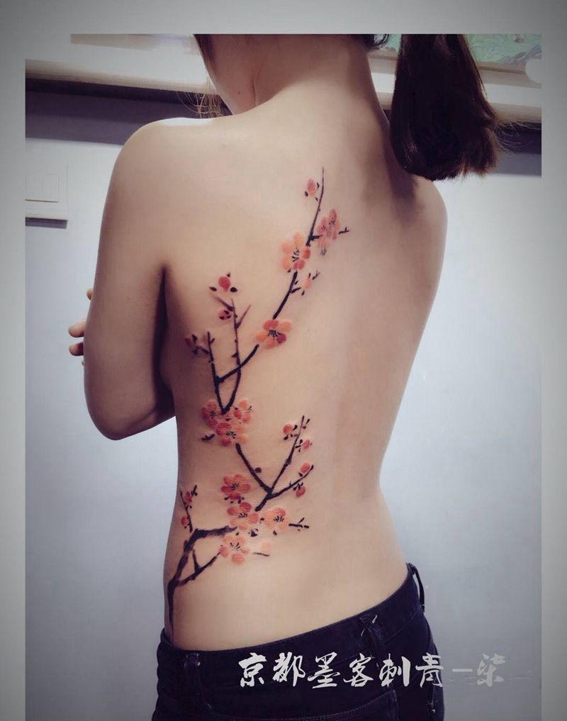 京都墨客刺青-柒纹身图片_成品手稿原创植物清新写实国画腰部纹身图案