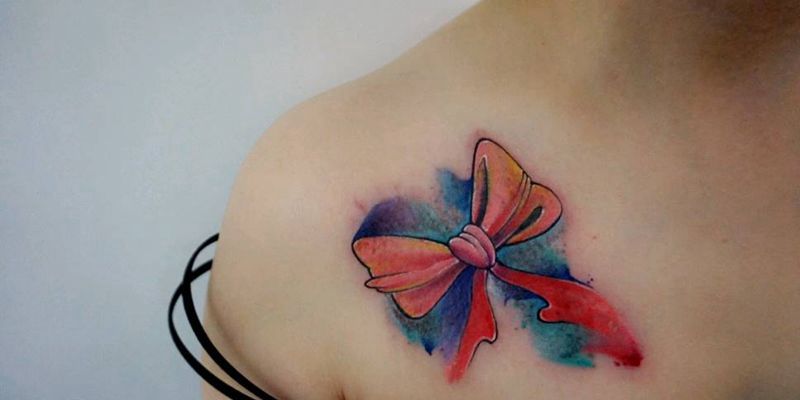 水彩蝴蝶结纹身图片_肩部背部手臂腿部欧美清新原创蝴蝶结成品纹身图案